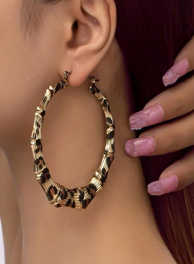 PLwelth Bamboo Earrings for Women Leopard Print Earrings Chunky Hoop Earring Large Hoop Jewelry Charms Accessories Statement Cheetah Print Earring 80s 90s Jewelry Gift for Her Cosplay Party Decor - Image 3